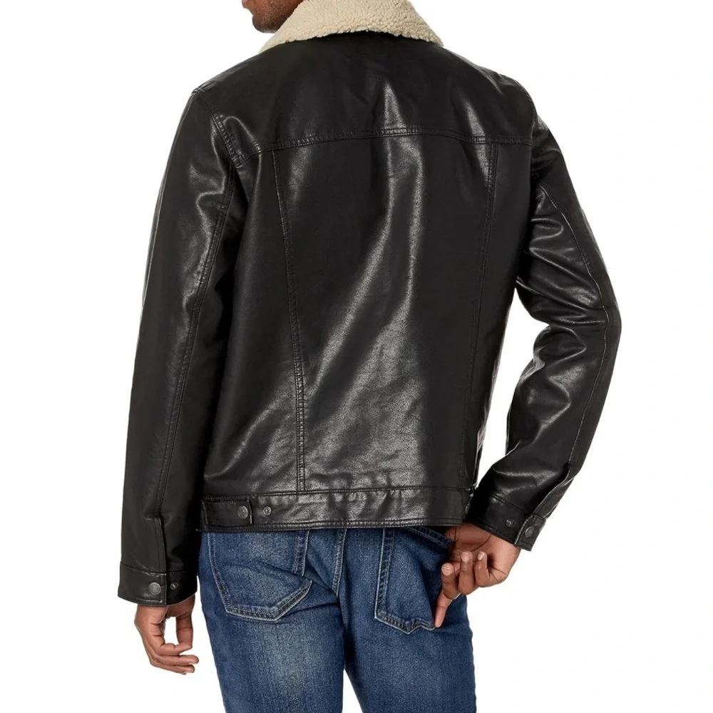 Levi's Men's Faux Leather Sherpa Trucker Jacket, Black/Quilted Lining - Picture 2 of 4